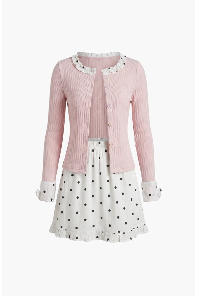 Ribbed Knit Two Piece Set with Ruffle Collar Cardigan and Polka Dot Skirt, Alternate, color, Pink
