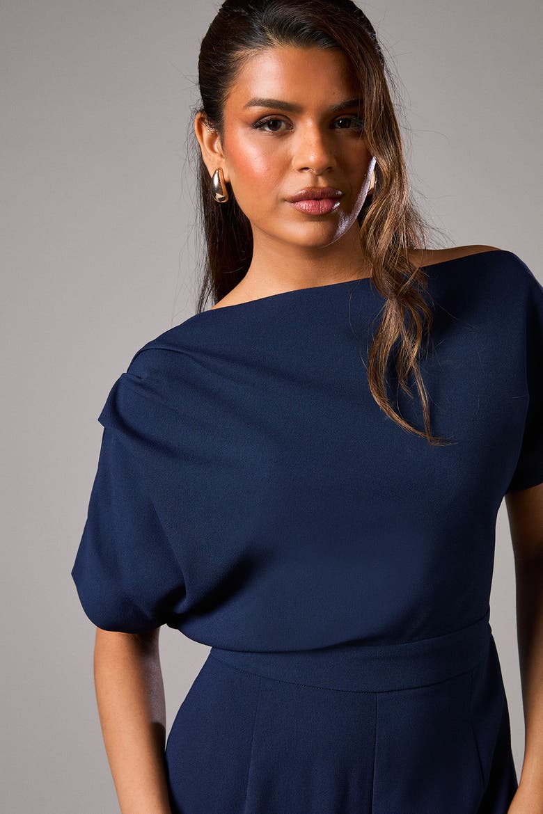 Petite Pleat Off The Shoulder Jumpsuit, Alternate, color, Navy