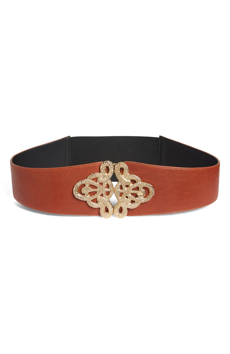Raina Christian Snake Leather Belt, Main, color, Cognac/ Gold