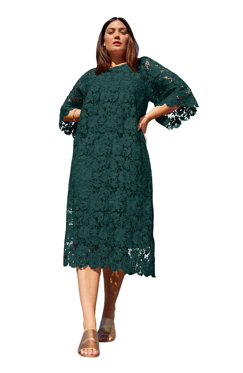 June + Vie Bell-Sleeve Lace Midi Dress, Main, color, Dark Pine Green