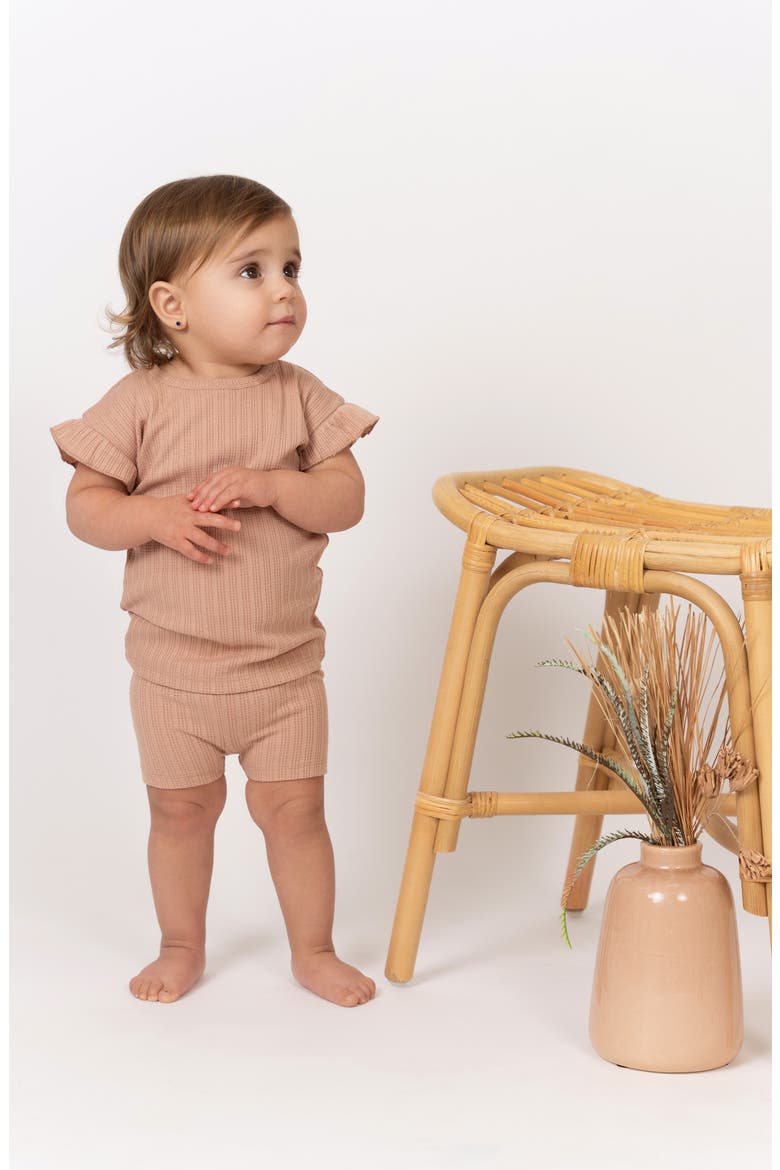Rib Ruffle Sleeve Cotton Knit T-Shirt & Shorts Set, Alternate, color, MAUVE