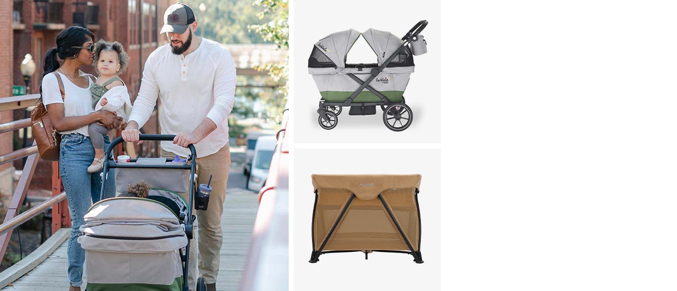 A family out walking with a baby in a stroller. Larktale stroller wagon. Nuna travel crib.