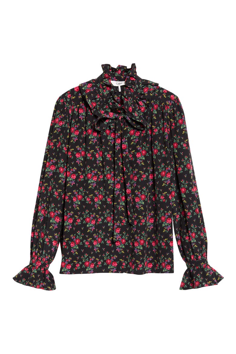 Print Silk Crêpe de Chine Button-Up Shirt, Alternate, color, MULTI COLOR BLACK