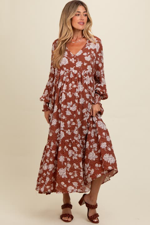 Floral Textured Bubble Sleeve Maxi Dress