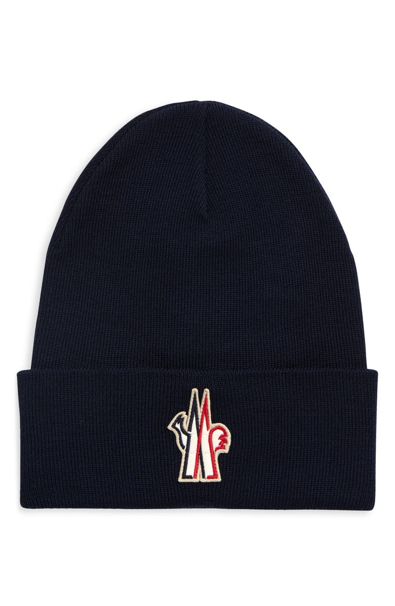 Moncler Logo Patch Virgin Wool Beanie, Main, color, Dark Navy Blue