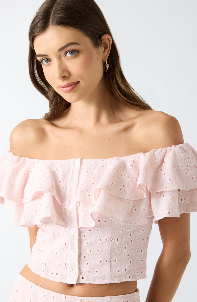 GUESS Sade Eyelet Off the Shoulder Crop Top, Alternate, color, Light Pink