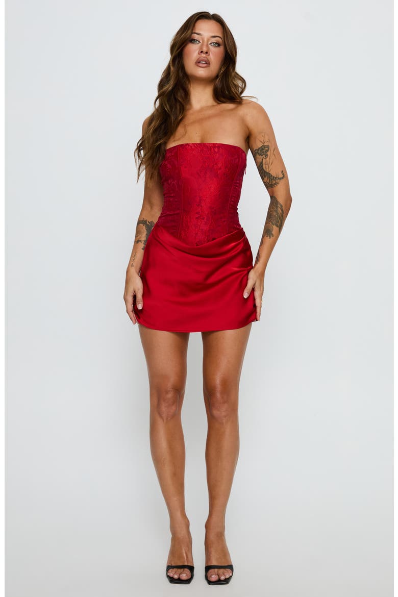 Jenevieve Strapless Drape Satin Minidress, Alternate, color, RED