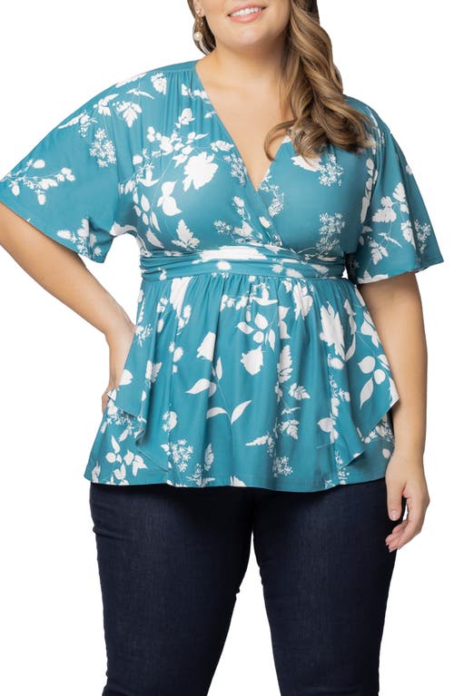 Shop Kiyonna Encore Print Faux Wrap Top In Aqua Blooms