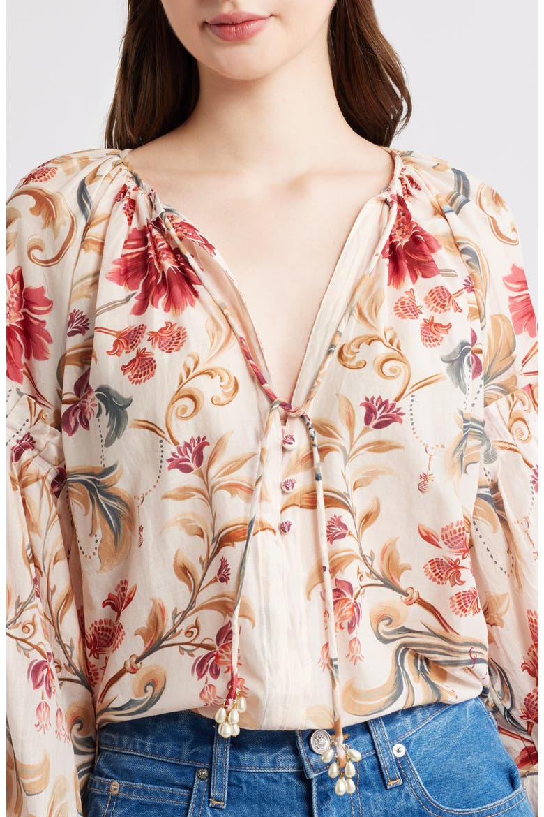 Royal Garden Print Cotton Peasant Top, Alternate, color, SAND
