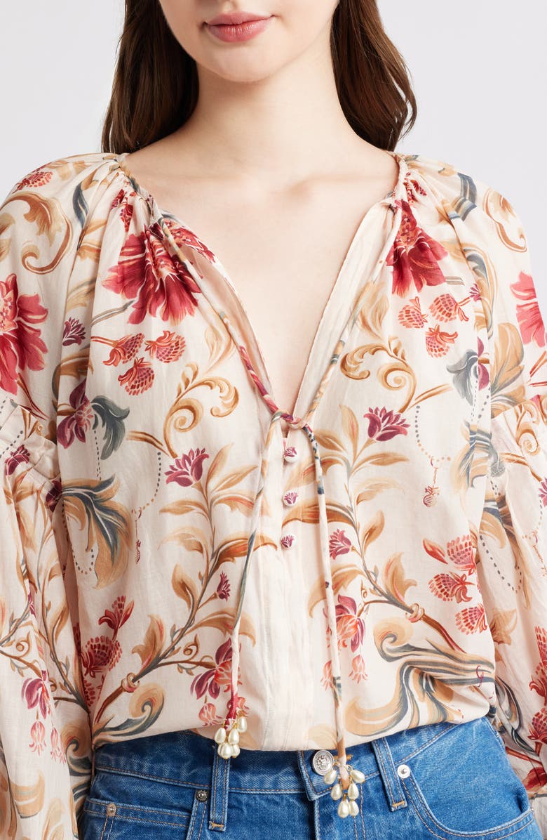 FARM Rio Royal Garden Print Cotton Peasant Top, Alternate, color, Sand