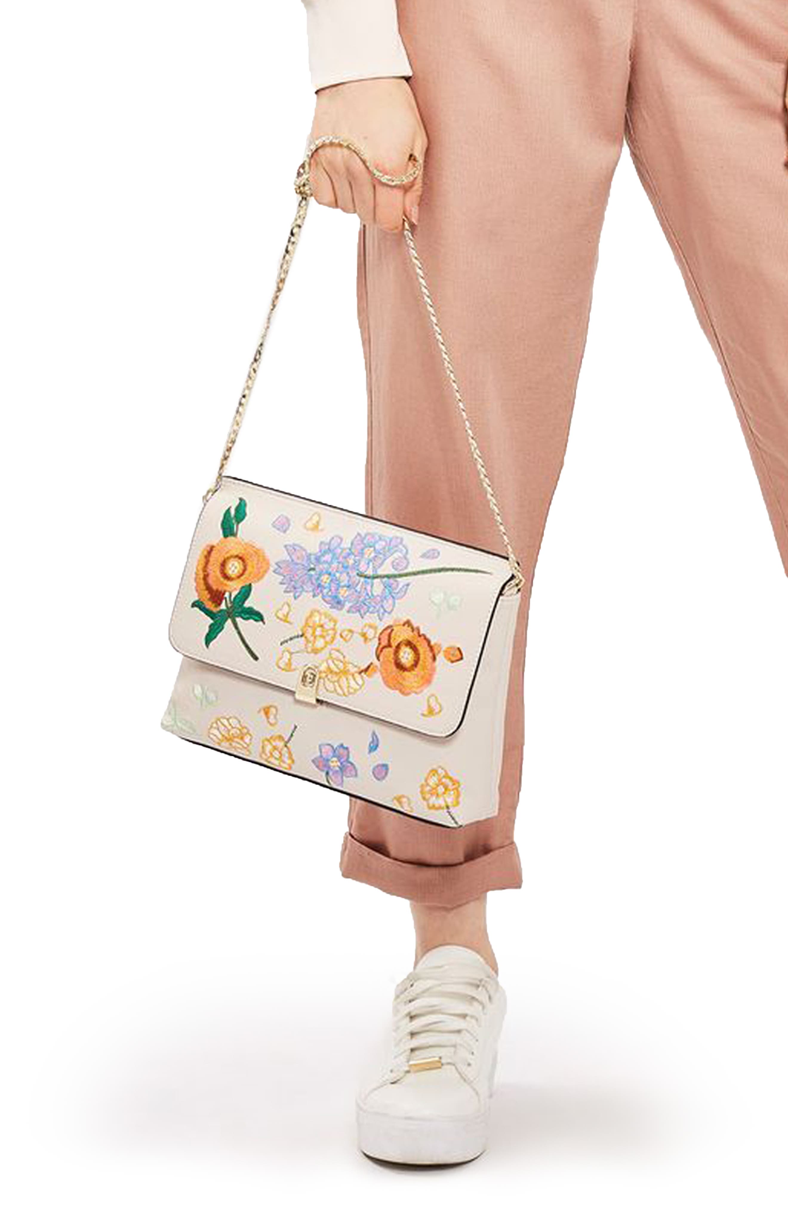 Topshop Floral Embroidered Faux Leather Clutch, Alternate, color, 
