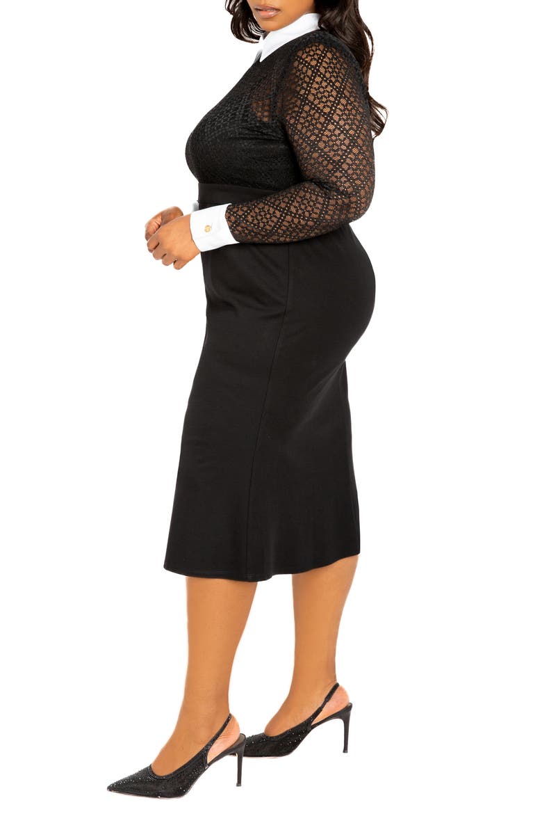 Lace Collar Long Sleeve Midi Dress, Alternate, color, BLACK