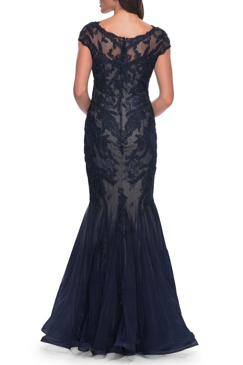 Mermaid Lace Dress with Cap Sleeves and Illusion Neckline, Alternate, color, Navy