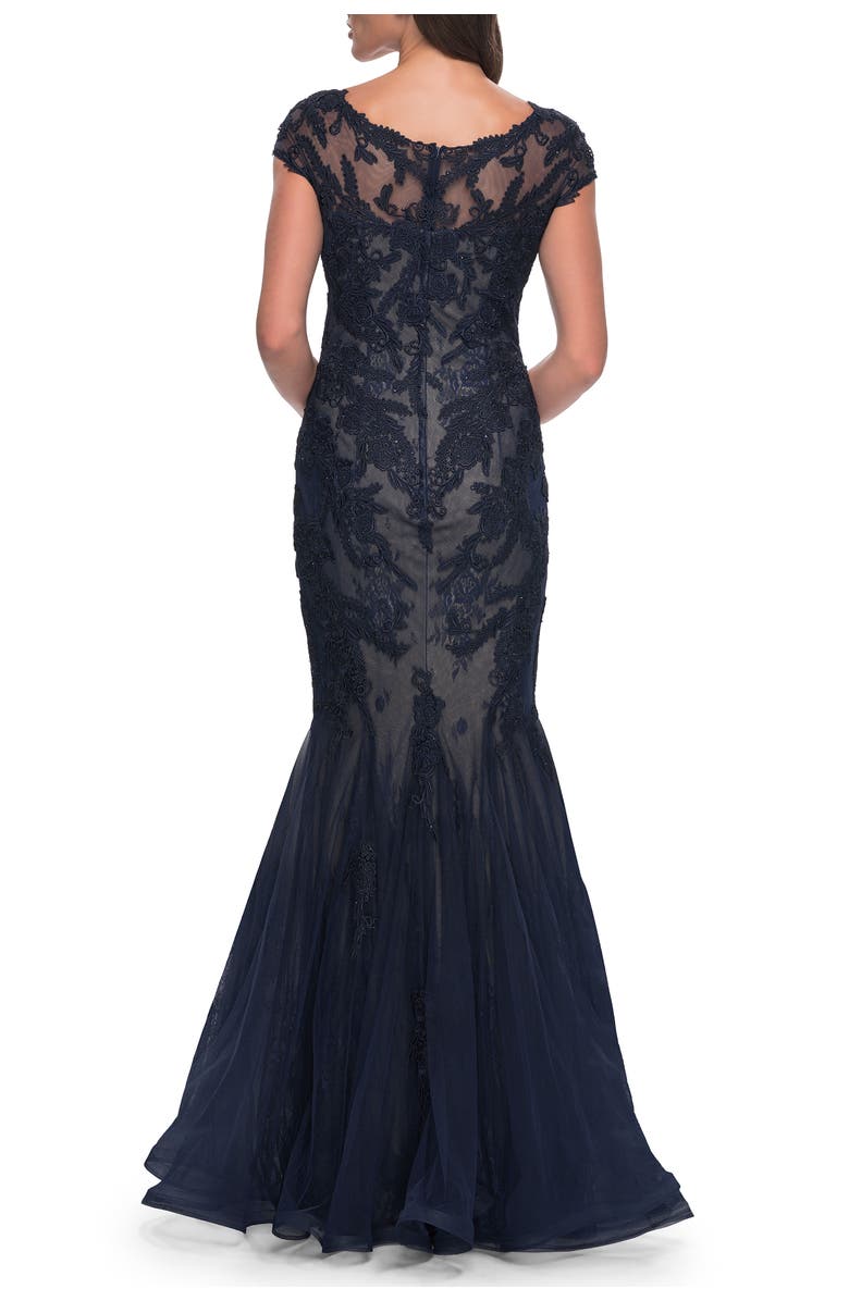 La Femme Mermaid Lace Dress with Cap Sleeves and Illusion Neckline, Alternate, color,