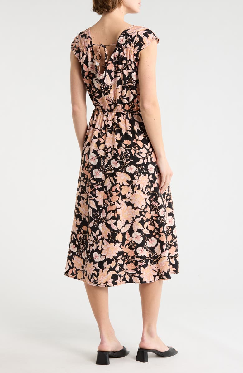 Lucky Brand Floral Cap Sleeve Midi Dress, Alternate, color, Black Floral