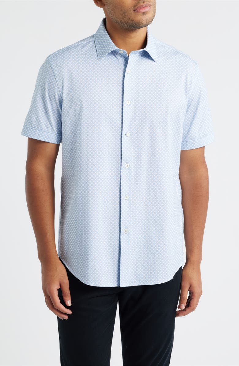 Bugatchi Miles OoohCotton<sup
®</sup
Print Short Sleeve Button-Up Shirt, Main, color, Classic Blue