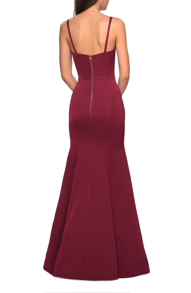 La Femme Fitted Long Dress with Seams and Large Gold Zipper, Alternate, color, Burgundy