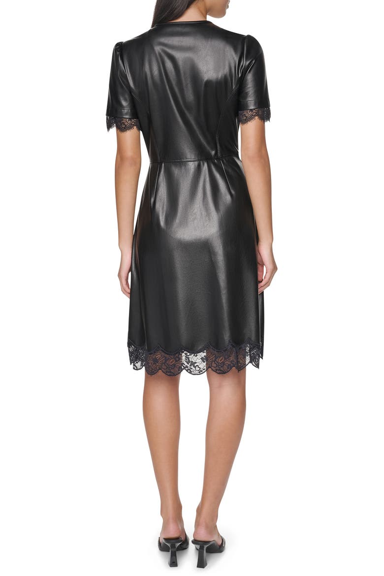 Lace Trim Faux Leather Midi Dress, Alternate, color, BLACK