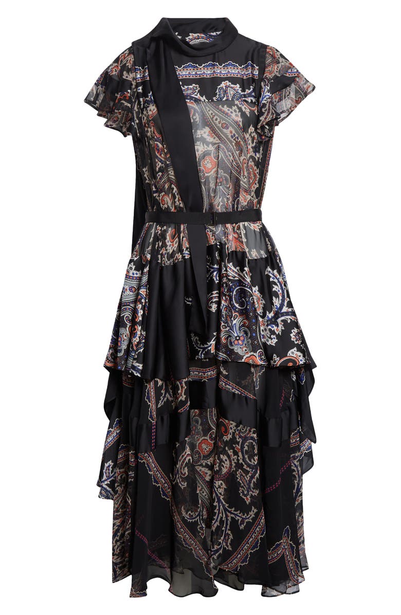 Sacai Paisley Tie Neck Tiered Dress, Alternate, color, Black