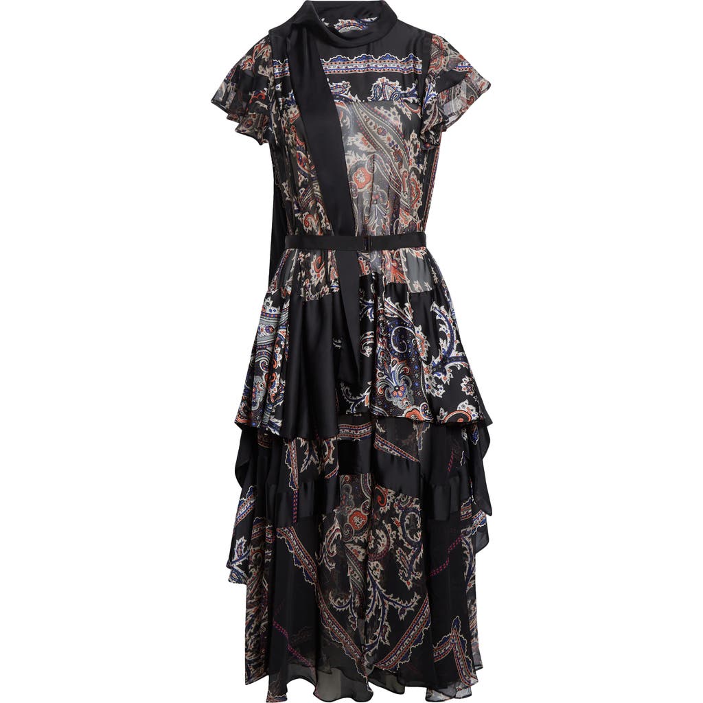 Sacai Belted Ribbed Wool-blend Trimmed Paisley-print Voile Midi Dress In Black