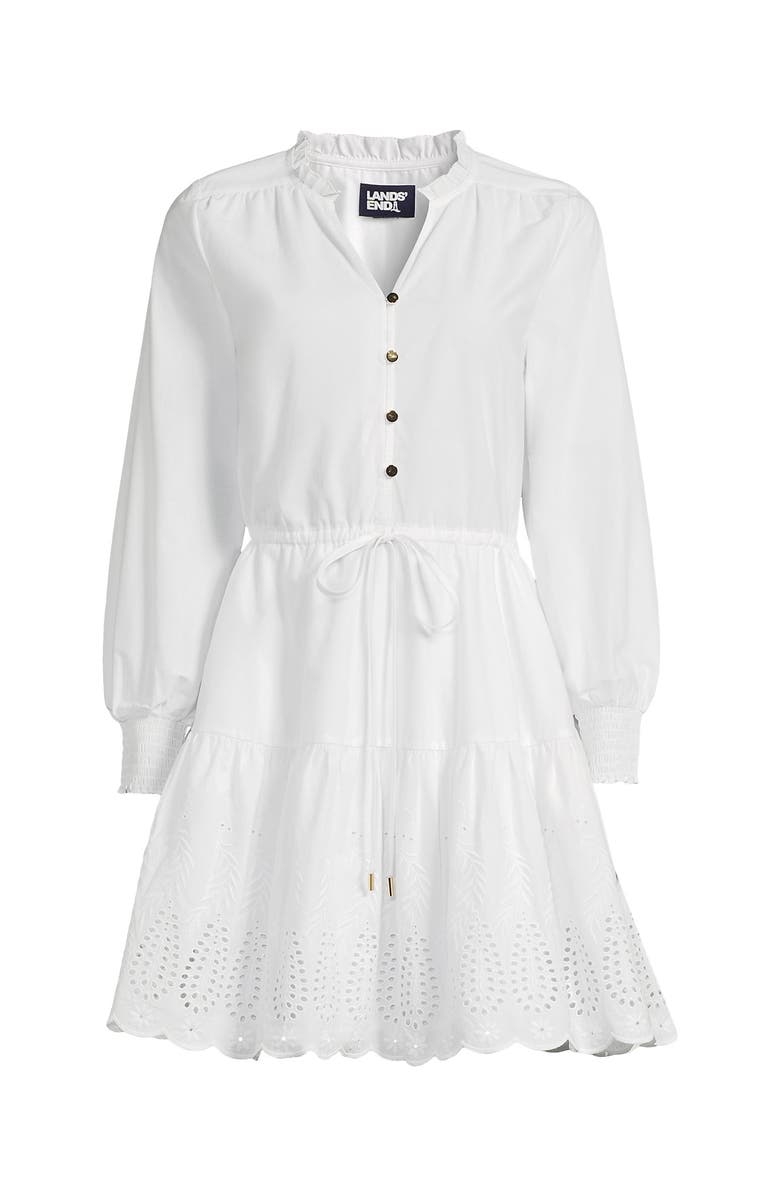 Lands' End Long Sleeve Eyelet Mini Popover Dress, Alternate, color, White Eyelet