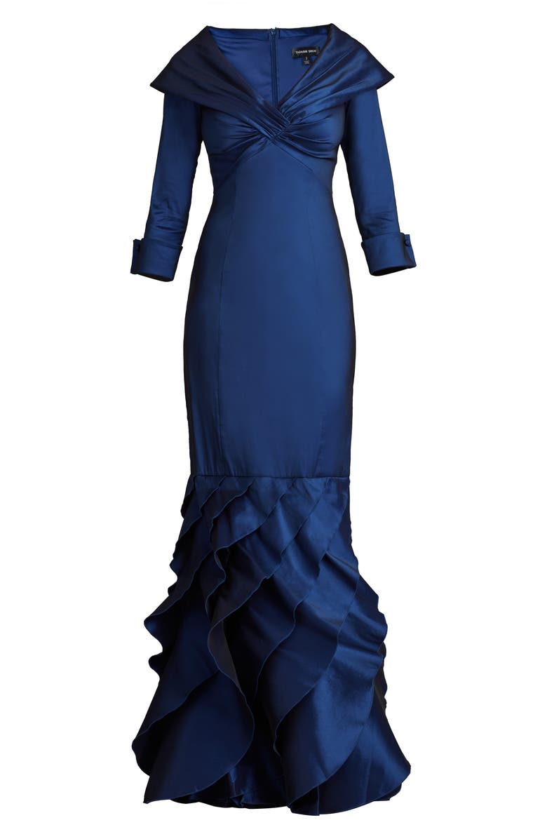 Tadashi Shoji Ruffle Detail Fit & Flare Taffeta Gown, Alternate, color, Navy