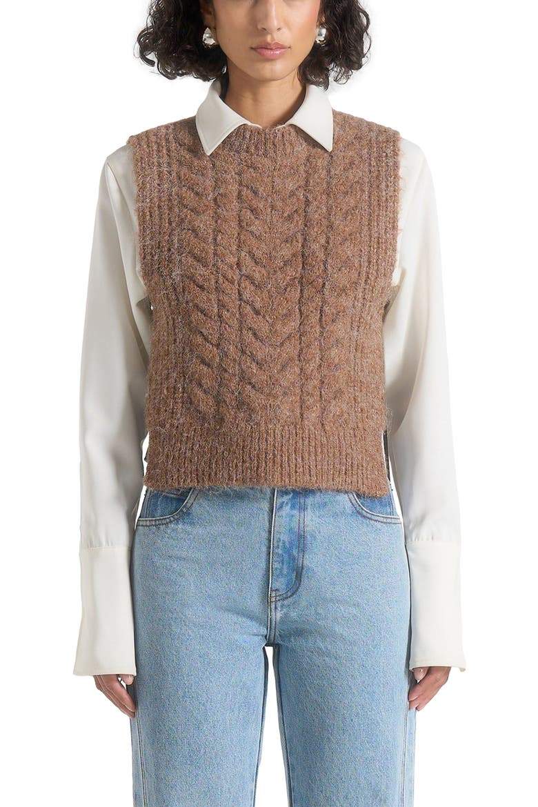 Danya Wool Cable Knit Vest With Ties, Alternate, color, Taupe
