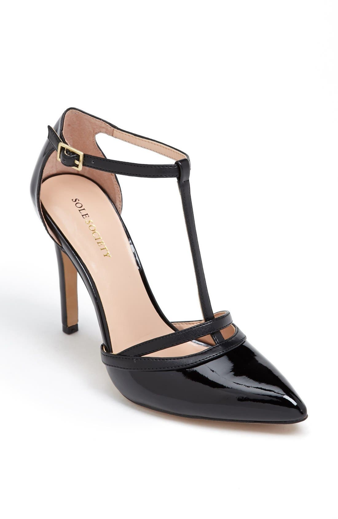 'Nicola' T-Strap Pump, Main, color, BLACK