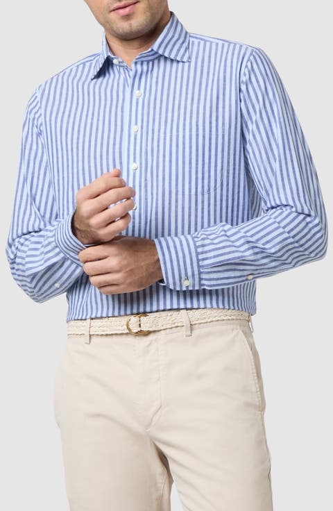 Slim Fit Stripe Slub Linen & Cotton Button-Up Popover Shirt
