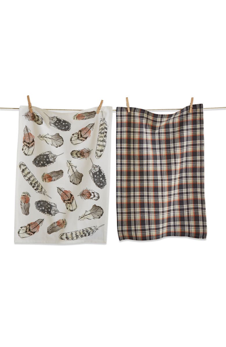 tag Set of 2 Floating Feather Print and Plaid Cotton Dishtowels, Main, color, Multicolored