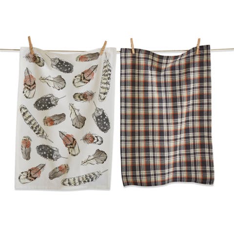 Set of 2 Floating Feather Print and Plaid Cotton Dishtowels