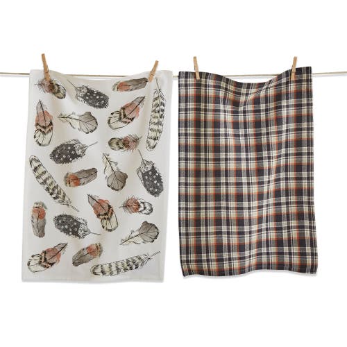 Tag Set Of 2 Floating On The Wind Feather Print  With Coordinating Plaid Cotton Kitchen Dishtowels 2 In Multi