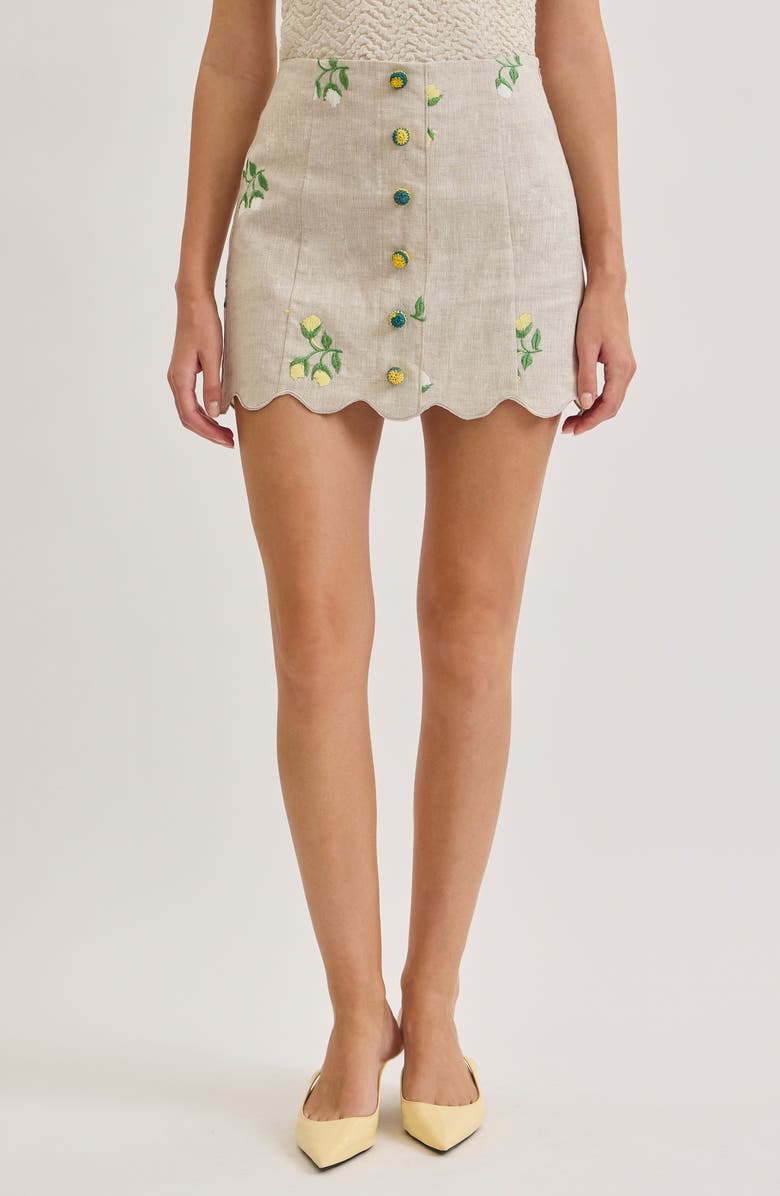 MAUDE CLUB Sophia Floral Embroidery Linen Miniskirt, Main, color, Beige Floral