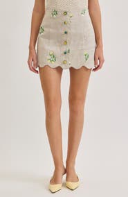MAUDE CLUB Sophia Floral Embroidery Linen Miniskirt