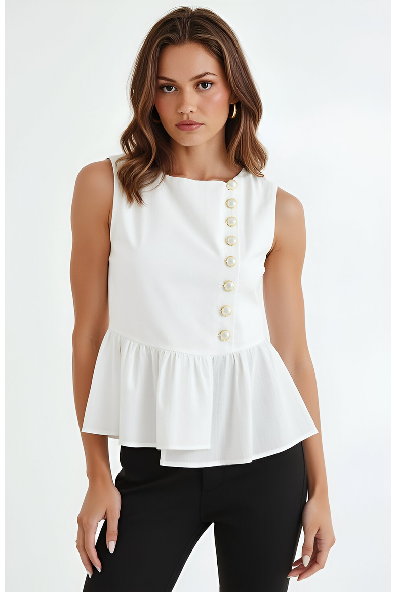 Sleeveless Peplum Top with Asymmetric Pearl Button Front, Main, color, White