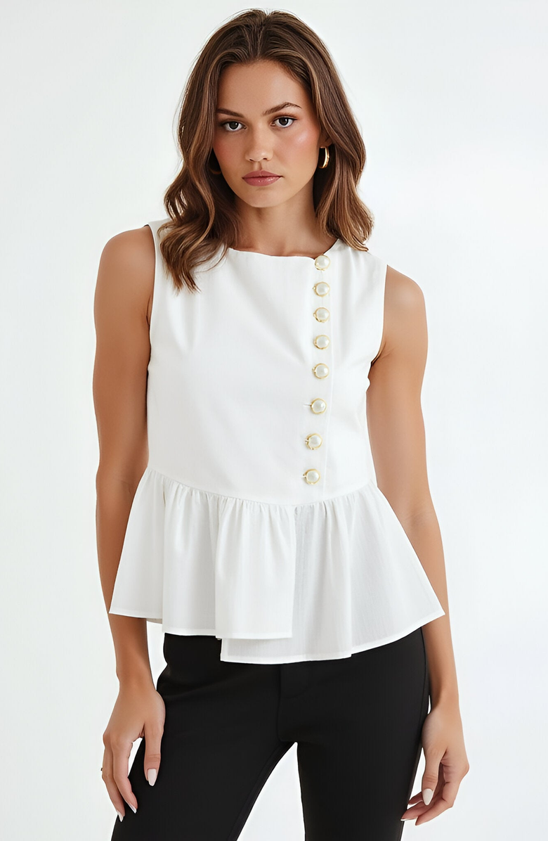 Modenaire Sleeveless Peplum Top with Asymmetric Pearl Button Front, Main, color, White