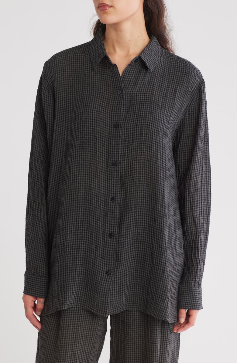 Eileen Fisher Classic Collar Linen Checkered Button-Up Shirt, Main, color,