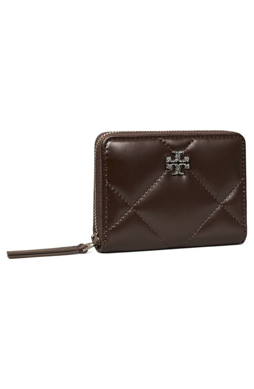 Tory Burch Kira Pavé Diamond Quilted Leather Zip Card Case In Brown