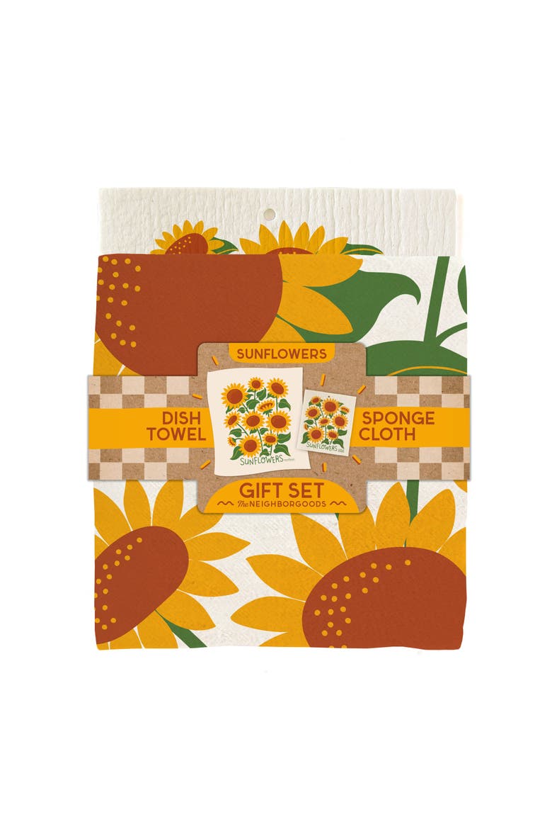 Sunflower Towel + Sponge Cloth Gift Set, Main, color, Brown