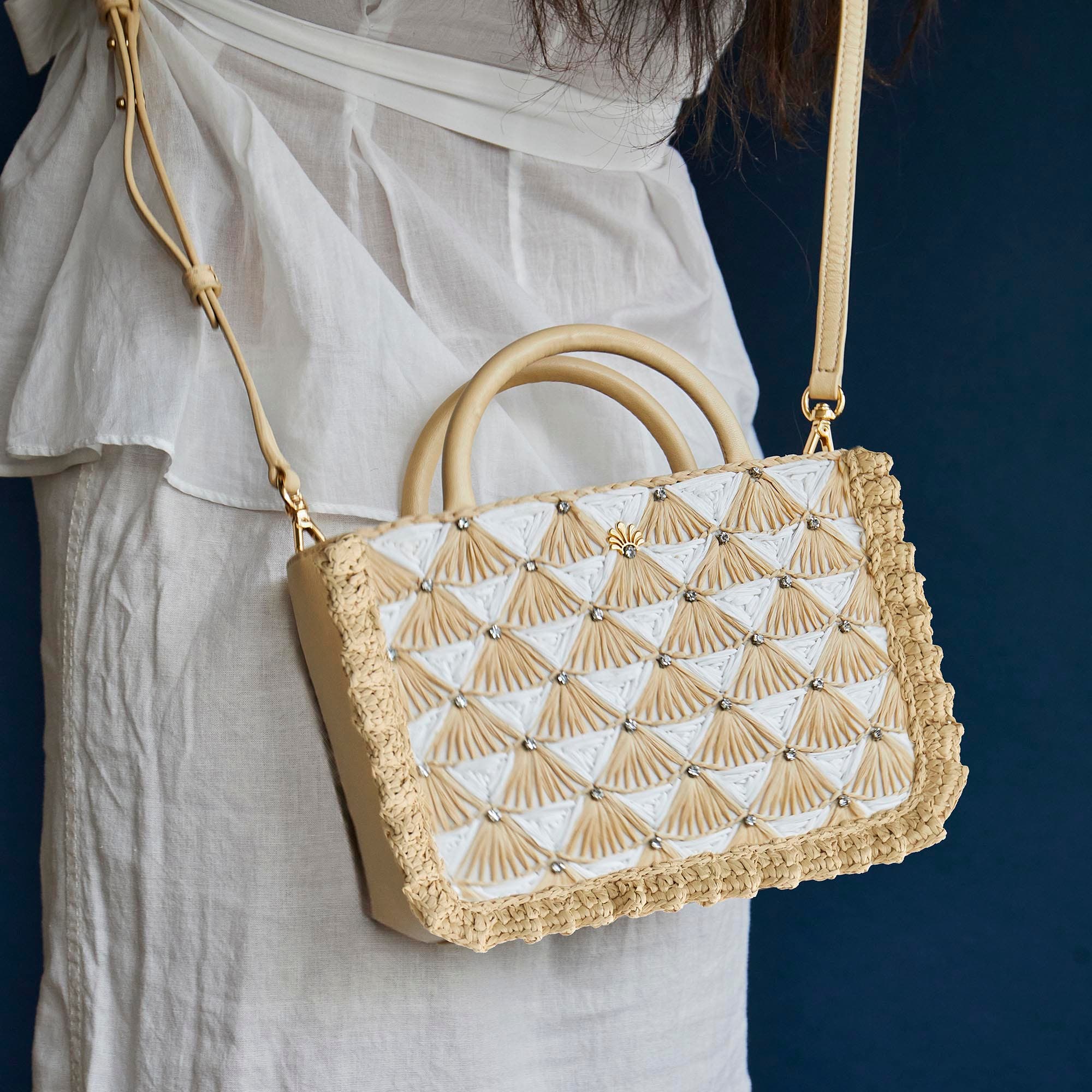 Lele Sadoughi Maya Crystal Fan Raffia Mini Tote, Alternate, color, Ivory Natural 999