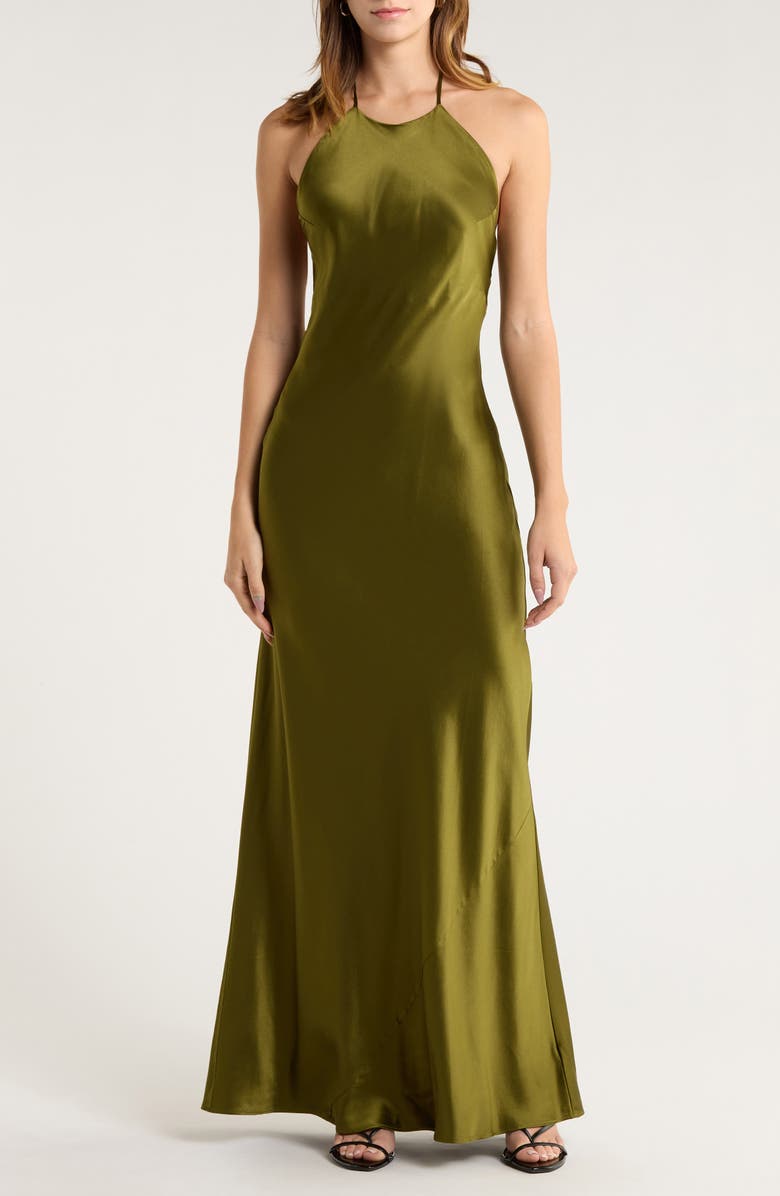 Reformation Jeany Silk Charmeuse Halter Dress, Main, color, Moss Garden