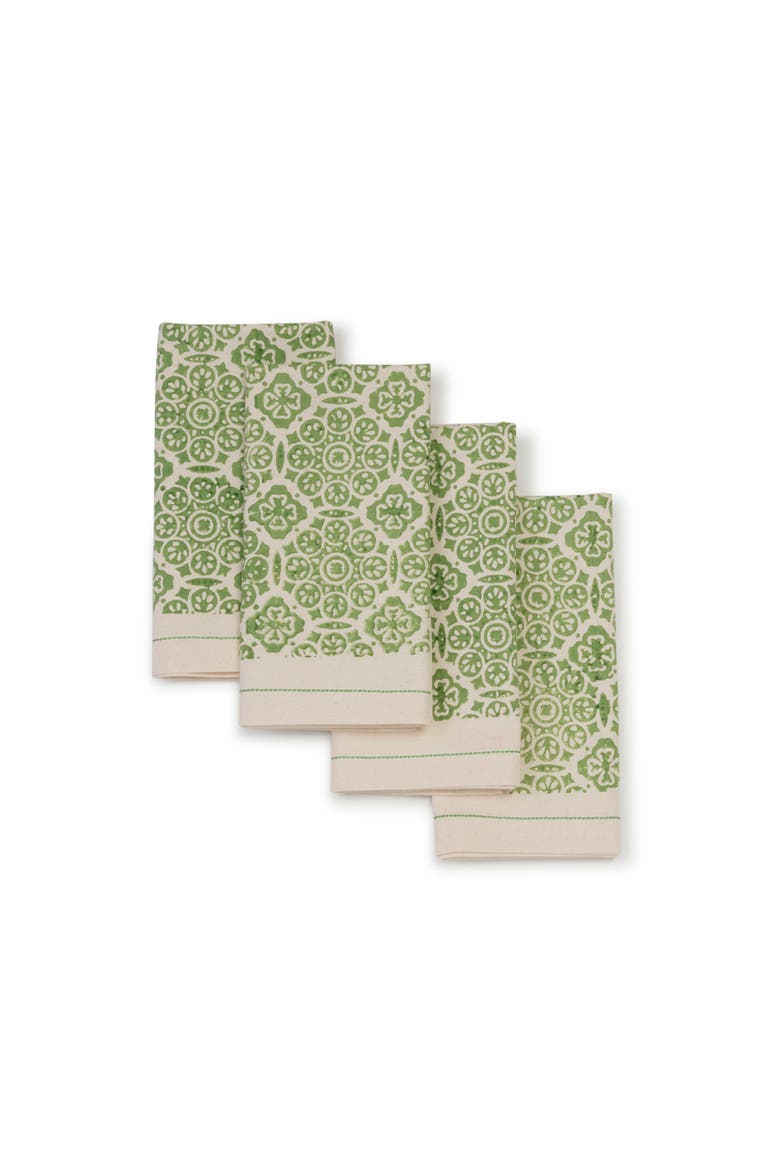 Hand Block Printed Cotton Napkins- Set of 4, Main, color, Mosaic Sage