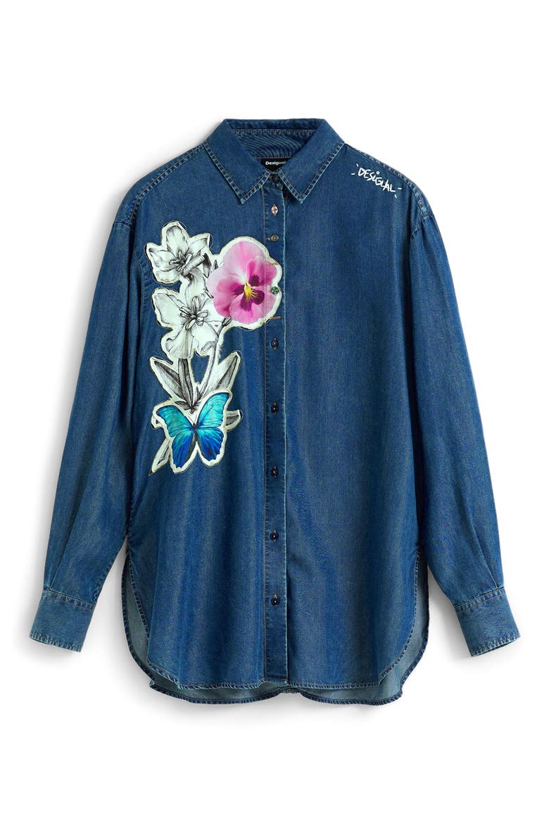 Floral Patch Button-Front Shirt, Alternate, color, PINK