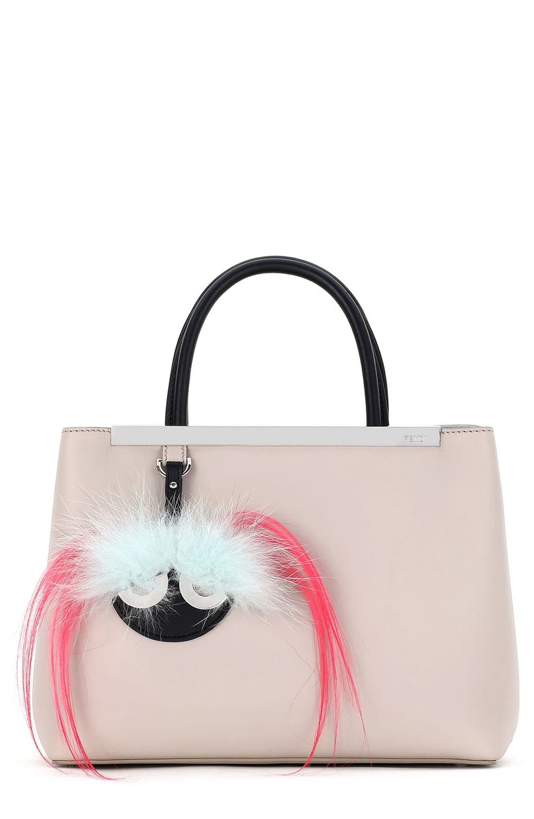 Fendi 'Petite 2Jours' Bicolor Leather Shopper with Genuine Fox & Kidassia Fur Monster Charm, Main, color, Grey Powder/ Black/ Azalea