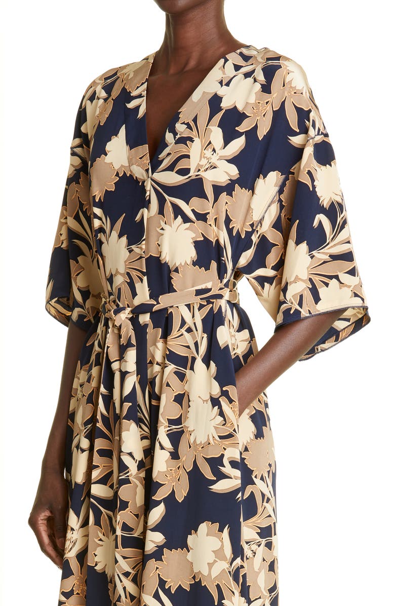 St. John Collection Floral Print Belted Silk Blend Midi Dress, Alternate, color, 