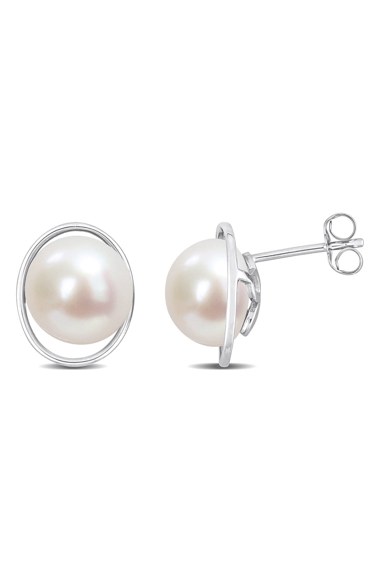DELMAR Sterling Silver 9.5-10mm Freshwater Cultured Pearl Stud Earrings