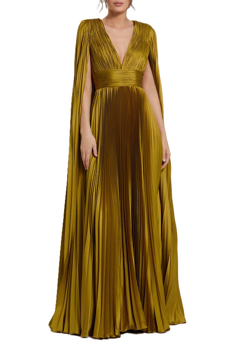 Pleated Charmeuse V-Neck Gown with Cape Sleeves, Main, color, Chartreuse