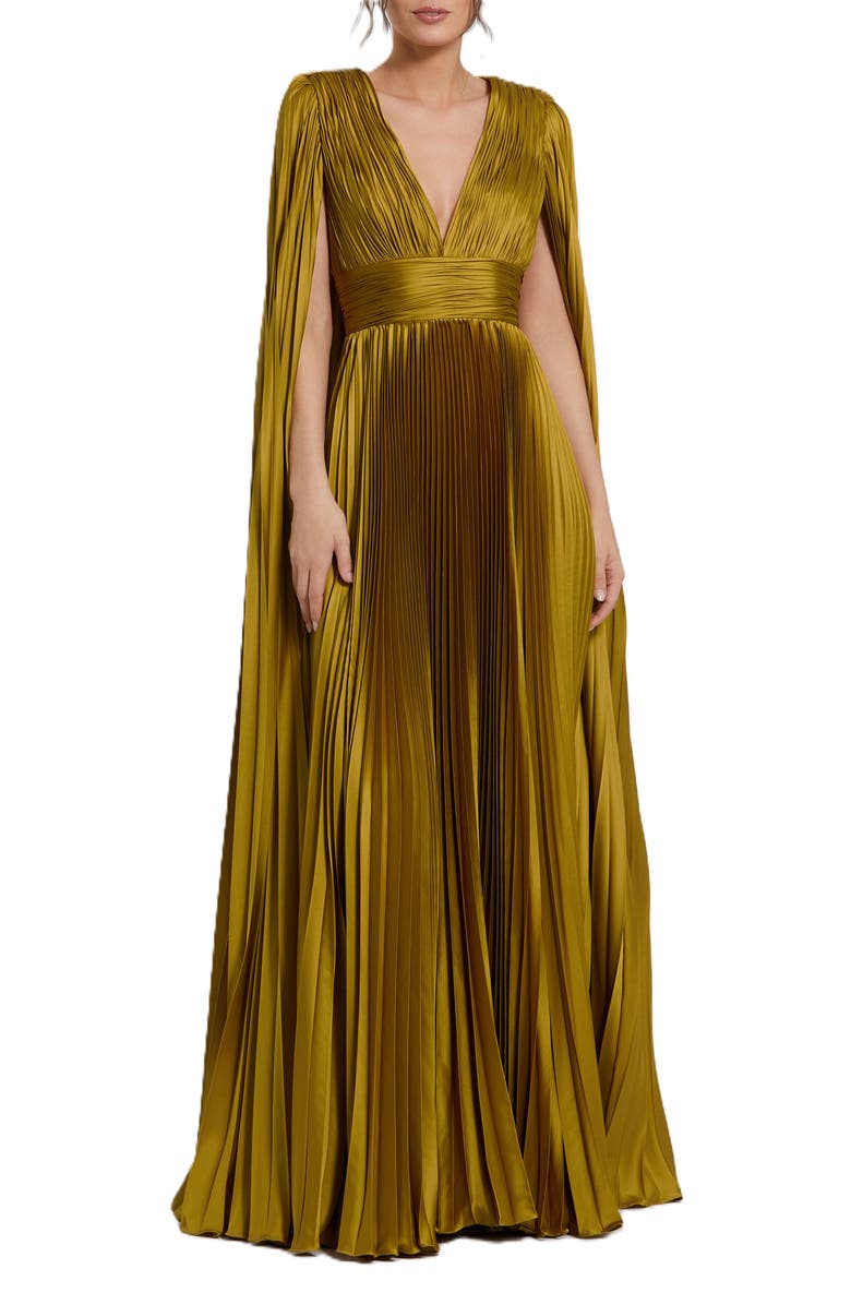 Mac Duggal Pleated Charmeuse V-Neck Gown with Cape Sleeves, Main, color, Chartreuse