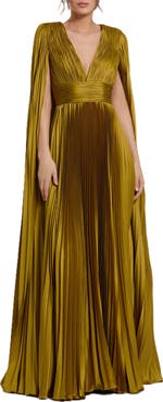 Mac Duggal Pleated Charmeuse V-Neck Gown with Cape Sleeves