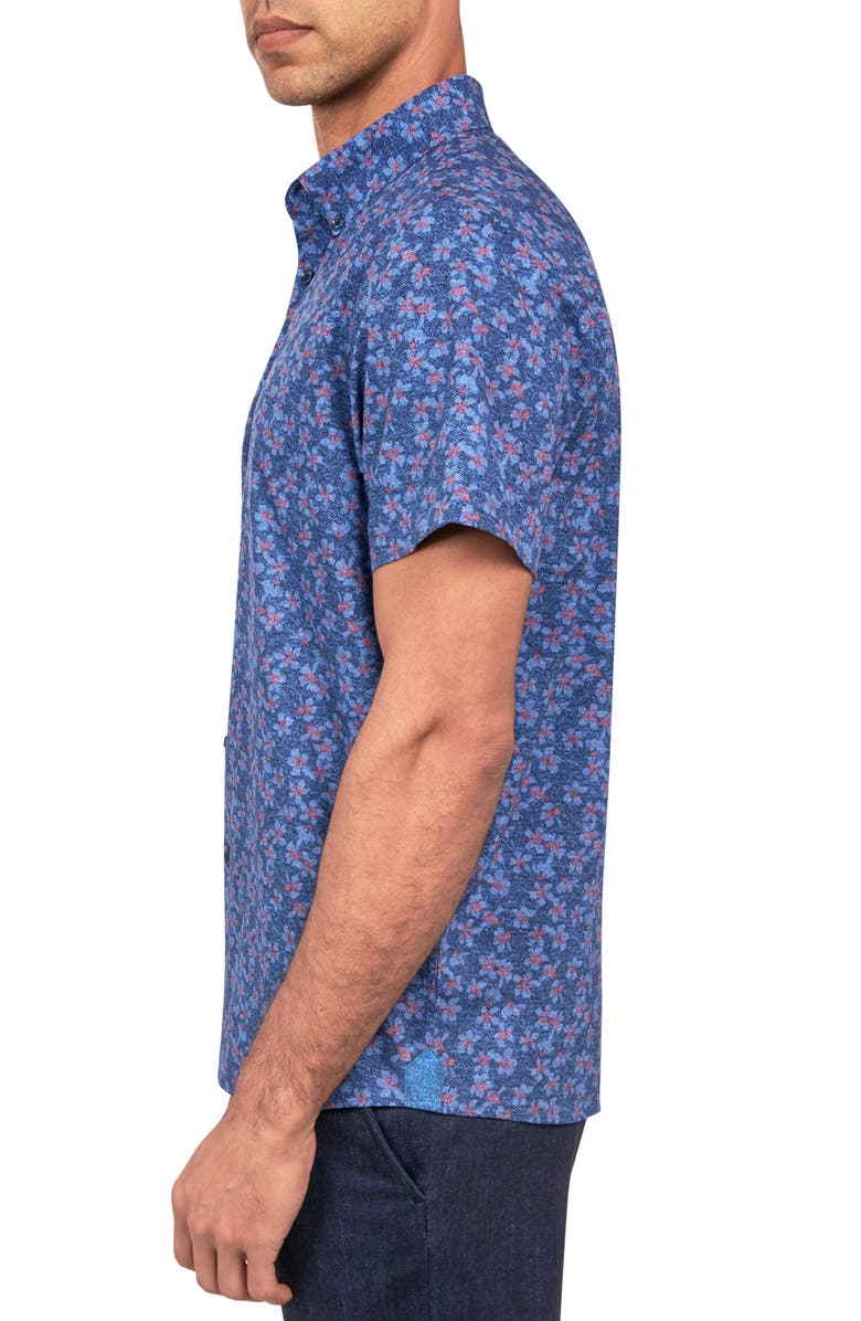 Brooklyn Brigade Slim Fit Denim Floral Recycled 4-Way Stretch Performance Short Sleeve Shirt, Alternate, color, Navy